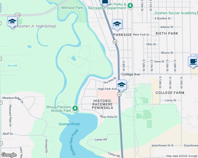 map of restaurants, bars, coffee shops, grocery stores, and more near 304 Gra-Roy Drive in Goshen