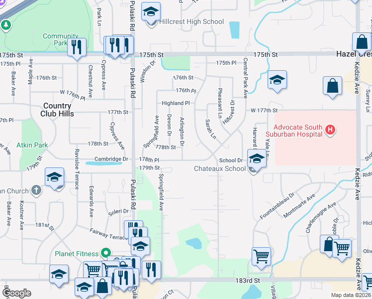 map of restaurants, bars, coffee shops, grocery stores, and more near 3800 178th Place in Country Club Hills