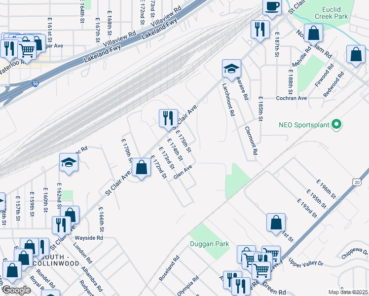 map of restaurants, bars, coffee shops, grocery stores, and more near 1458 East 175th Street in Cleveland