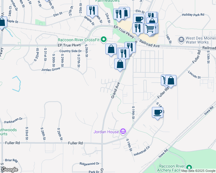 map of restaurants, bars, coffee shops, grocery stores, and more near 2241 Grand Avenue in West Des Moines