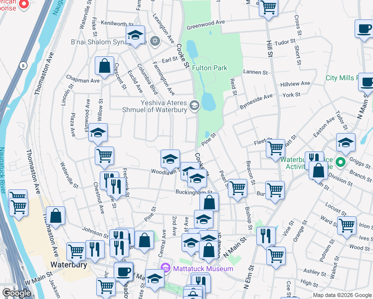 map of restaurants, bars, coffee shops, grocery stores, and more near 275 Pine Street in Waterbury