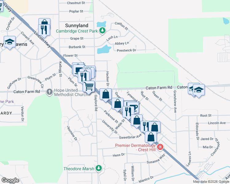 map of restaurants, bars, coffee shops, grocery stores, and more near 2359 Greengold Street in Crest Hill