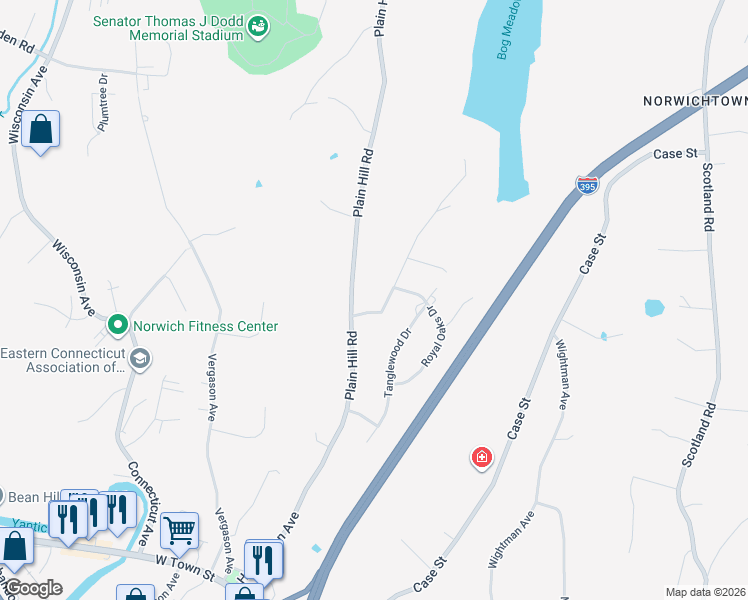 map of restaurants, bars, coffee shops, grocery stores, and more near 7 Bog Meadow Road in Norwich