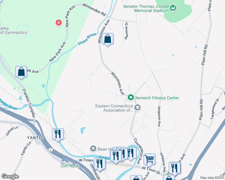 map of restaurants, bars, coffee shops, grocery stores, and more near 5 Woods Drive in Norwich