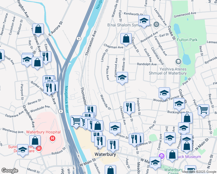map of restaurants, bars, coffee shops, grocery stores, and more near 55 Wyman Street in Waterbury