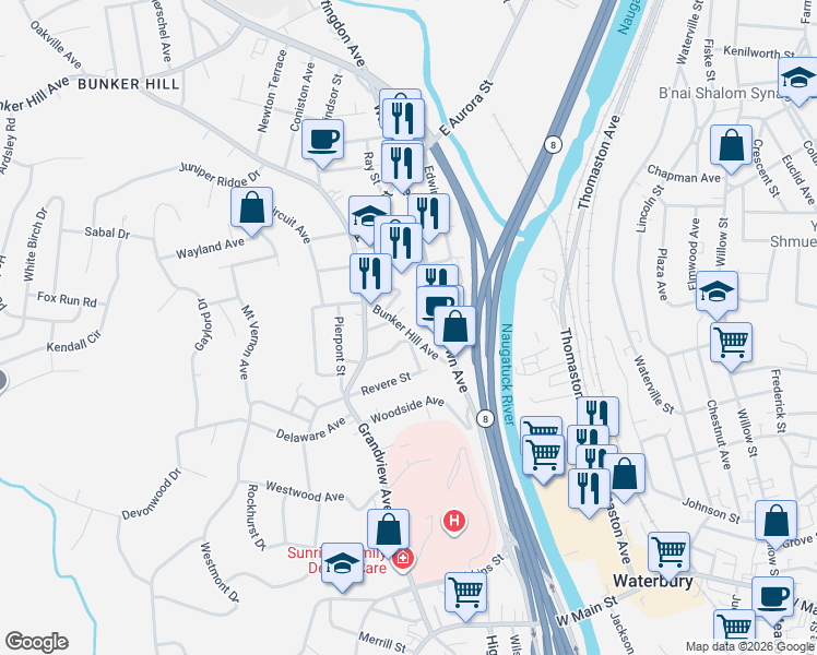 map of restaurants, bars, coffee shops, grocery stores, and more near 44 Bunker Hill Avenue in Waterbury