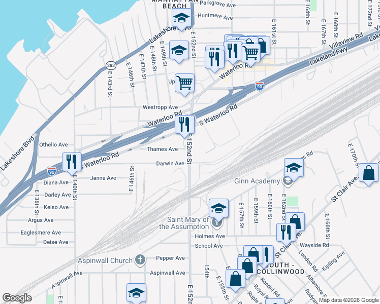 map of restaurants, bars, coffee shops, grocery stores, and more near 588 East 152nd Street in Cleveland