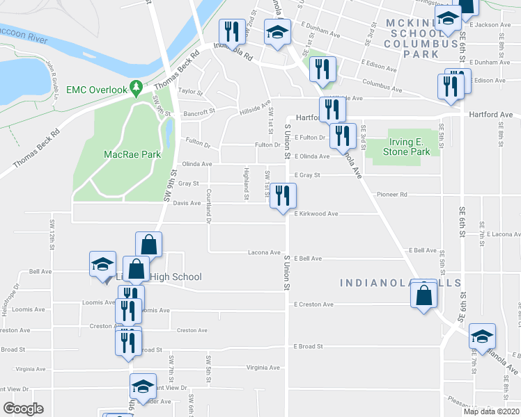 map of restaurants, bars, coffee shops, grocery stores, and more near 201 Kirkwood Avenue in Des Moines