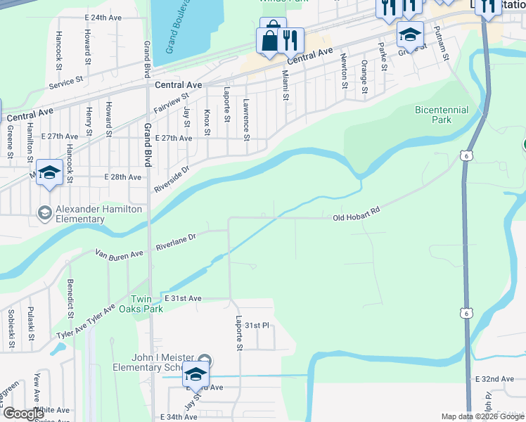 map of restaurants, bars, coffee shops, grocery stores, and more near 2436 Old Hobart Road in Gary