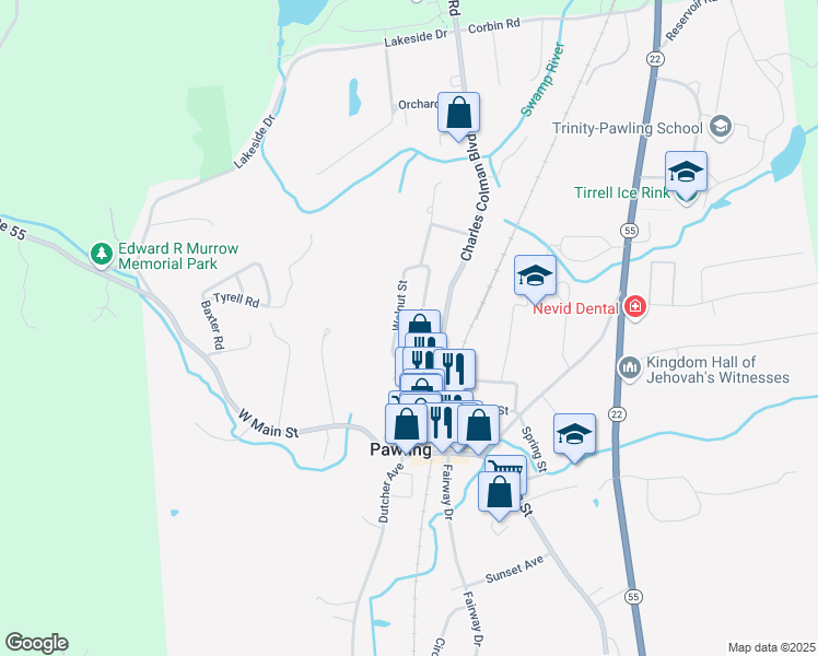 map of restaurants, bars, coffee shops, grocery stores, and more near 30 Elm Street in Pawling