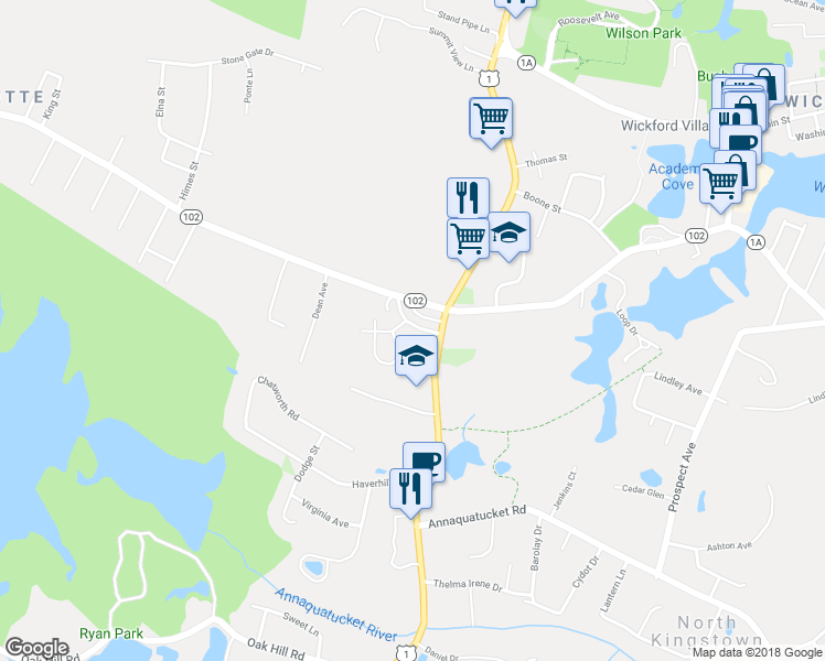 map of restaurants, bars, coffee shops, grocery stores, and more near 28 Preston Drive in North Kingstown