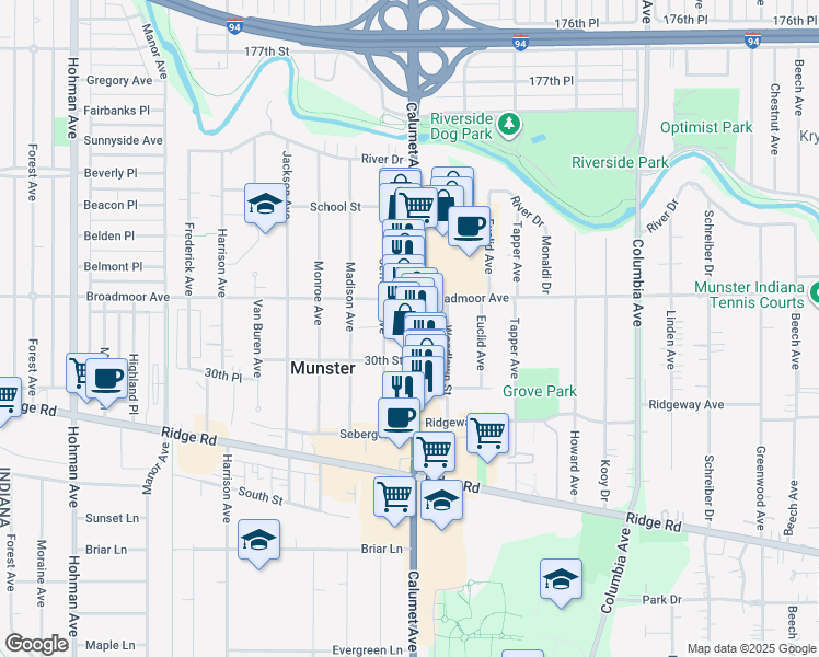 map of restaurants, bars, coffee shops, grocery stores, and more near 8125 Calumet Avenue in Munster