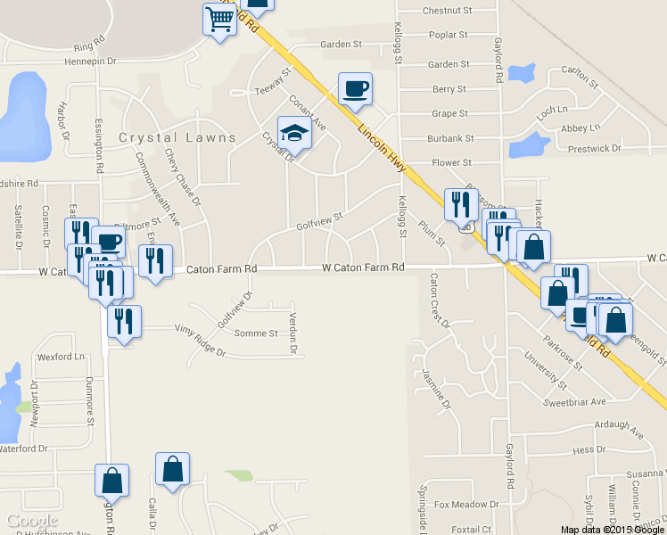 map of restaurants, bars, coffee shops, grocery stores, and more near 2730 Caton Farm Road in Joliet