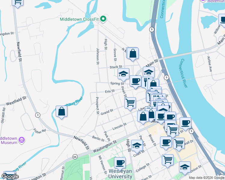 map of restaurants, bars, coffee shops, grocery stores, and more near 11 Erin Street in Middletown