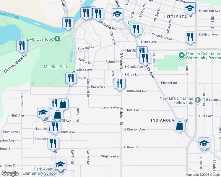 map of restaurants, bars, coffee shops, grocery stores, and more near 112 Davis Avenue in Des Moines