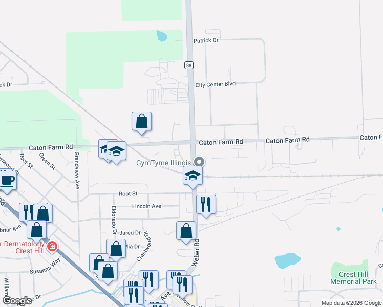 map of restaurants, bars, coffee shops, grocery stores, and more near 2331 Weber Road in Crest Hill
