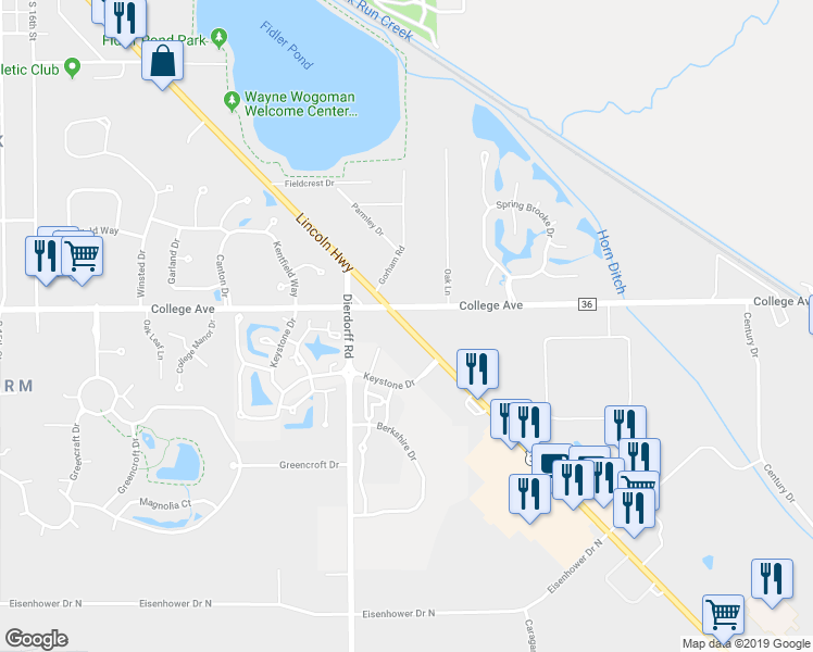 map of restaurants, bars, coffee shops, grocery stores, and more near 21524 Lincoln Highway in Goshen