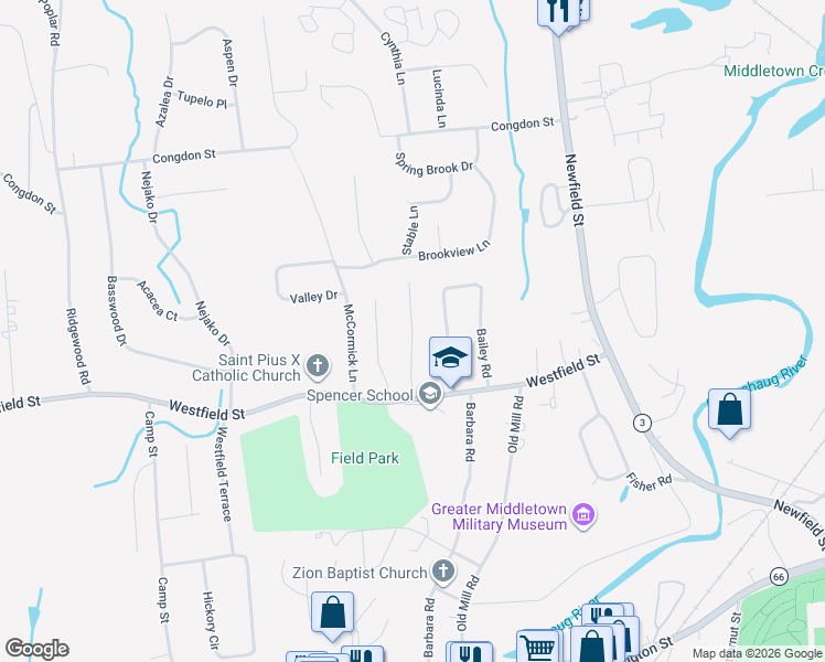 map of restaurants, bars, coffee shops, grocery stores, and more near 76 Westmont Drive in Middletown