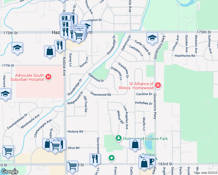map of restaurants, bars, coffee shops, grocery stores, and more near 2908 Buttonwood Walk in Hazel Crest