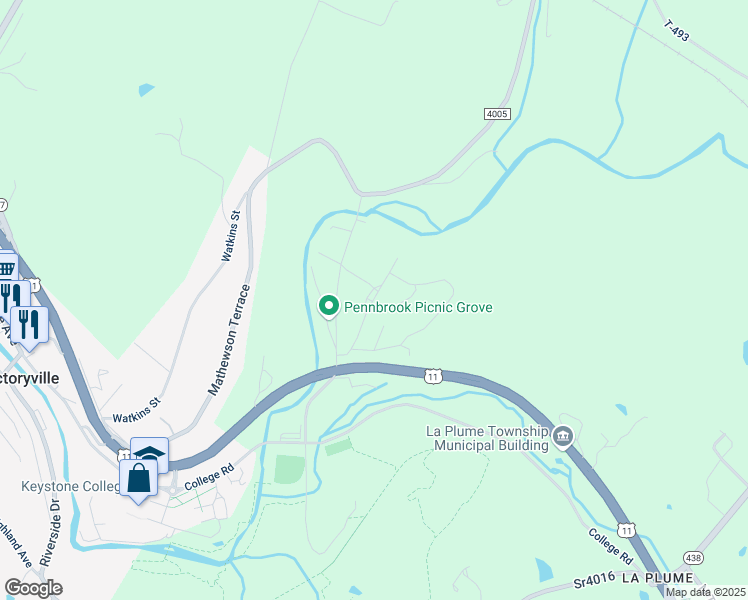 map of restaurants, bars, coffee shops, grocery stores, and more near Red Apple Rd in Factoryville
