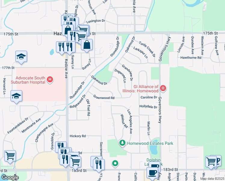 map of restaurants, bars, coffee shops, grocery stores, and more near 2908 Buttonwood Walk in Hazel Crest