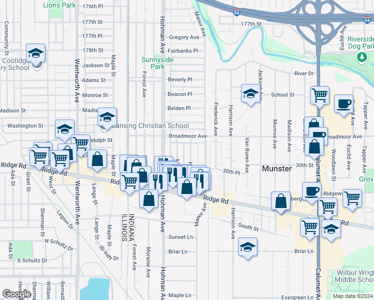 map of restaurants, bars, coffee shops, grocery stores, and more near 8126 Highland Place in Munster