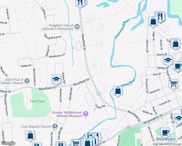 map of restaurants, bars, coffee shops, grocery stores, and more near 221 Newfield Street in Middletown