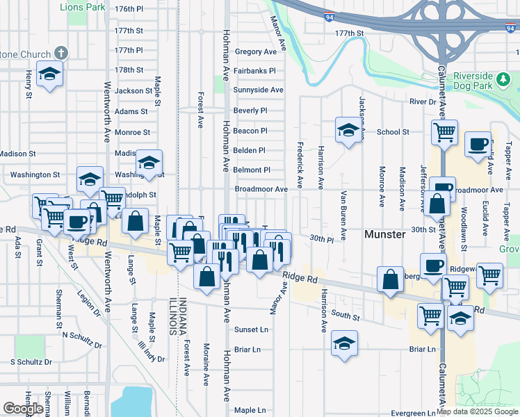 map of restaurants, bars, coffee shops, grocery stores, and more near 8142 Highland Place in Munster