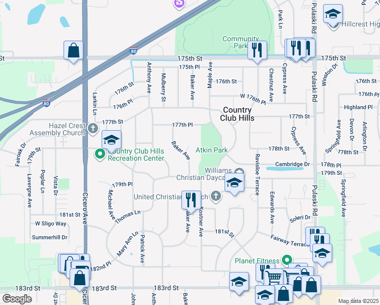 map of restaurants, bars, coffee shops, grocery stores, and more near 17831 Baker Avenue in Country Club Hills