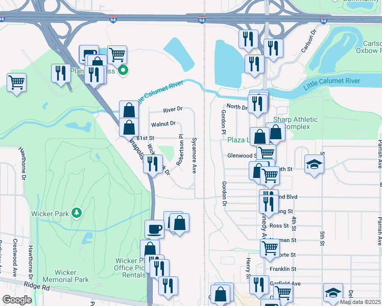 map of restaurants, bars, coffee shops, grocery stores, and more near 8148 Sycamore Avenue in Highland