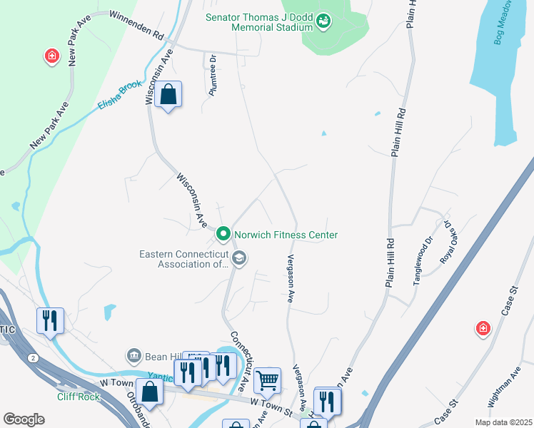 map of restaurants, bars, coffee shops, grocery stores, and more near 1 Parkwood Drive in Norwich
