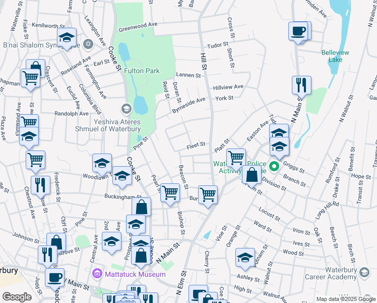 map of restaurants, bars, coffee shops, grocery stores, and more near 25 Barnes Street in Waterbury