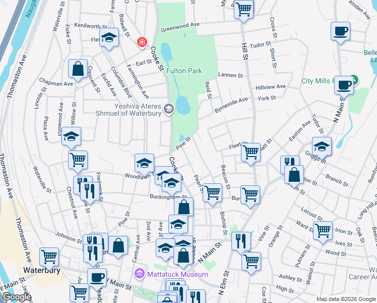map of restaurants, bars, coffee shops, grocery stores, and more near 15 Matson Court in Waterbury
