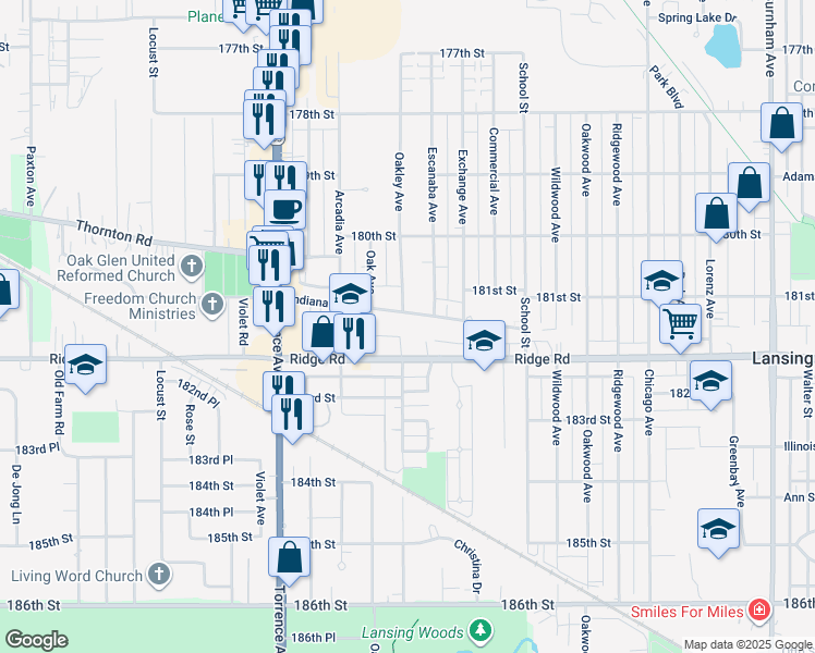 map of restaurants, bars, coffee shops, grocery stores, and more near 2610 182nd Place in Lansing