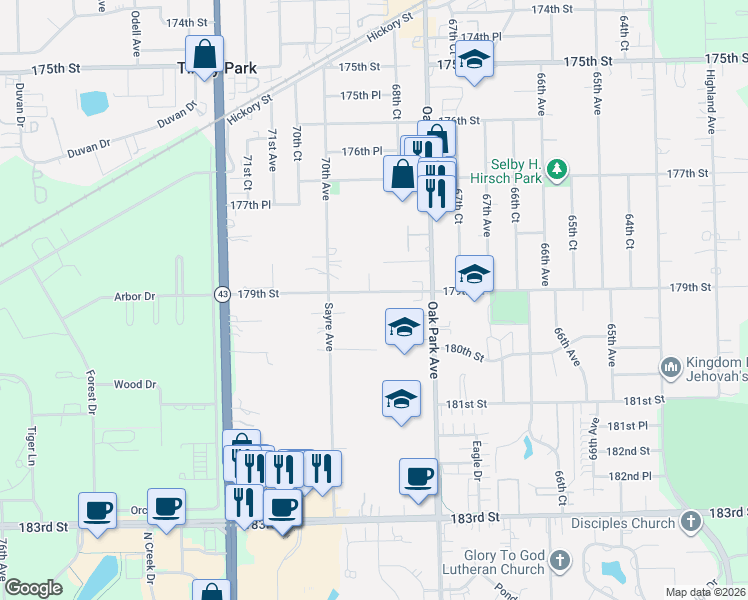 map of restaurants, bars, coffee shops, grocery stores, and more near 6843 179th Place in Tinley Park