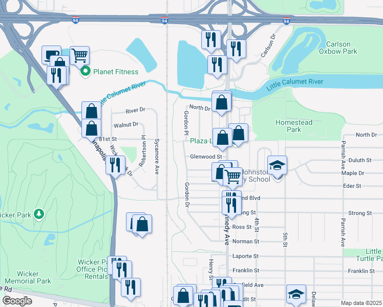map of restaurants, bars, coffee shops, grocery stores, and more near 2639 Glenwood Street in Highland