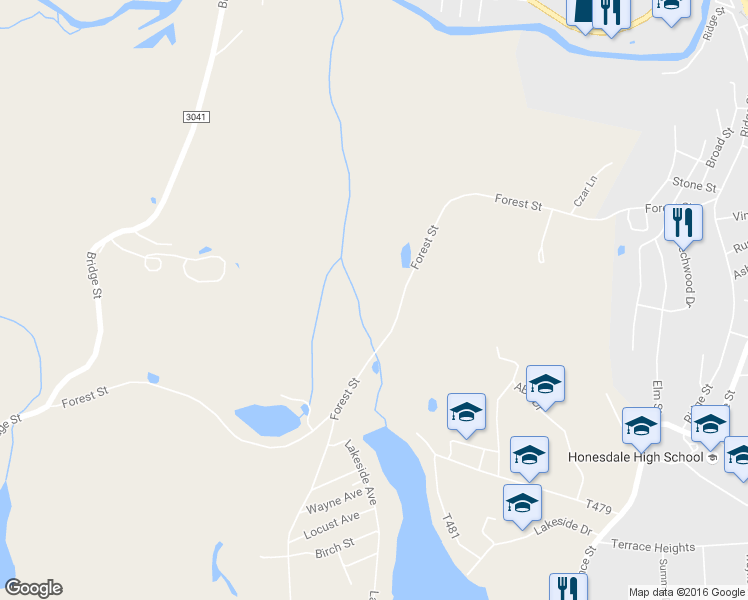 map of restaurants, bars, coffee shops, grocery stores, and more near 400 Forest St in Honesdale