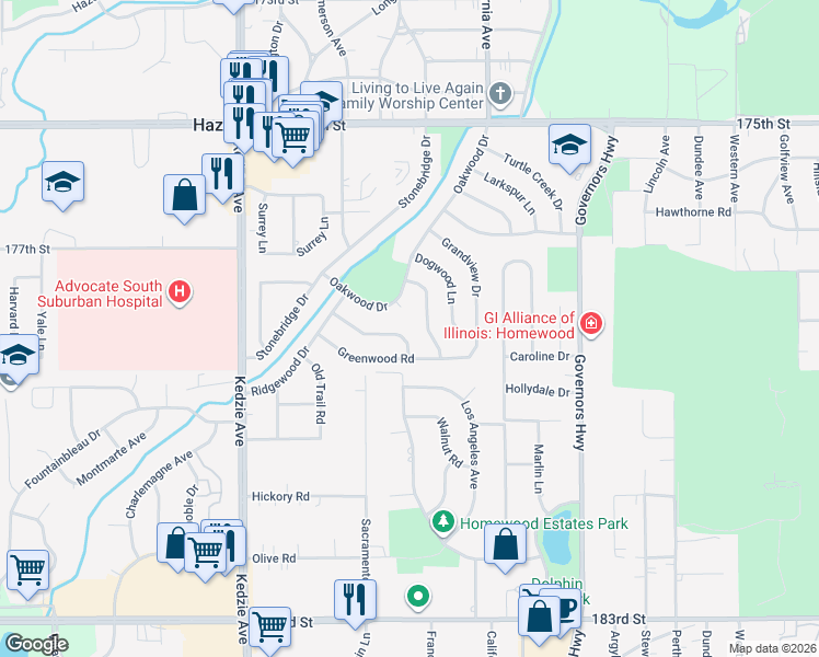 map of restaurants, bars, coffee shops, grocery stores, and more near 2912 Greenwood Road in Hazel Crest