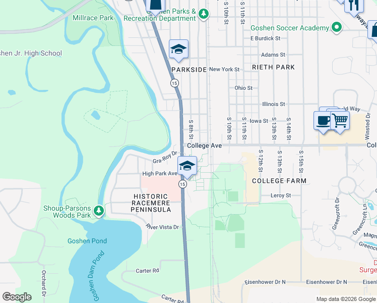 map of restaurants, bars, coffee shops, grocery stores, and more near 1700 South Main Street in Goshen