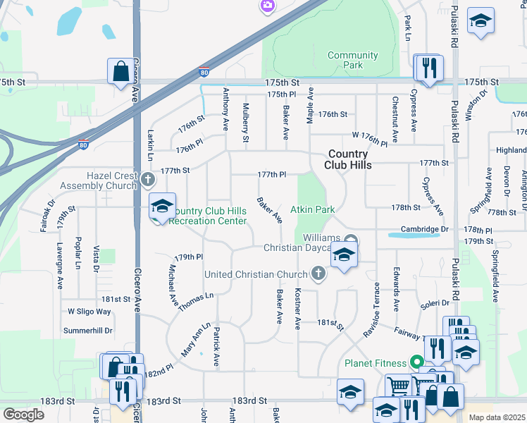 map of restaurants, bars, coffee shops, grocery stores, and more near 17820 Baker Avenue in Country Club Hills