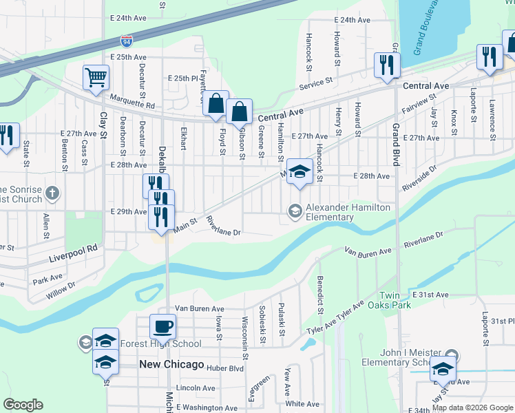 map of restaurants, bars, coffee shops, grocery stores, and more near 1201-1247 East 29th Avenue in Lake Station