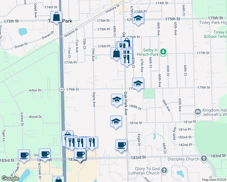 map of restaurants, bars, coffee shops, grocery stores, and more near 6843 179th Place in Tinley Park