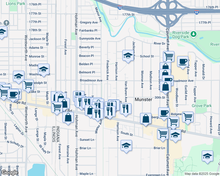 map of restaurants, bars, coffee shops, grocery stores, and more near 8147 Frederick Avenue in Munster