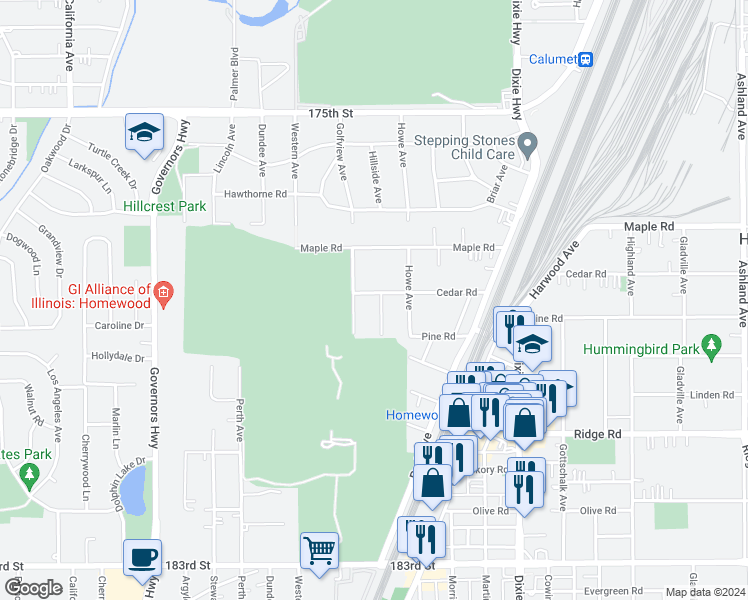 map of restaurants, bars, coffee shops, grocery stores, and more near 17820 Tipton Avenue in Homewood