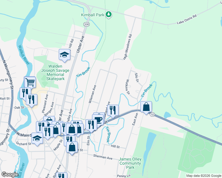 map of restaurants, bars, coffee shops, grocery stores, and more near 42 Oakland Avenue in Walden