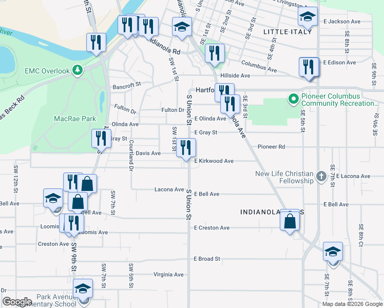 map of restaurants, bars, coffee shops, grocery stores, and more near 2216 South Union Street in Des Moines