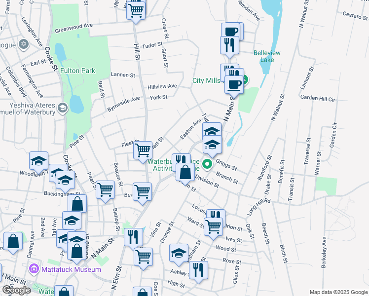 map of restaurants, bars, coffee shops, grocery stores, and more near 127 Easton Avenue in Waterbury