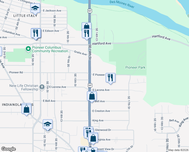 map of restaurants, bars, coffee shops, grocery stores, and more near 1438 Pioneer Road in Des Moines