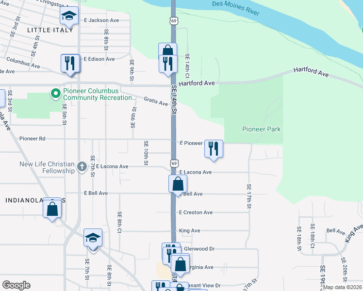 map of restaurants, bars, coffee shops, grocery stores, and more near 1438 Pioneer Road in Des Moines