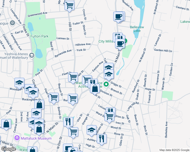 map of restaurants, bars, coffee shops, grocery stores, and more near 127 Easton Avenue in Waterbury
